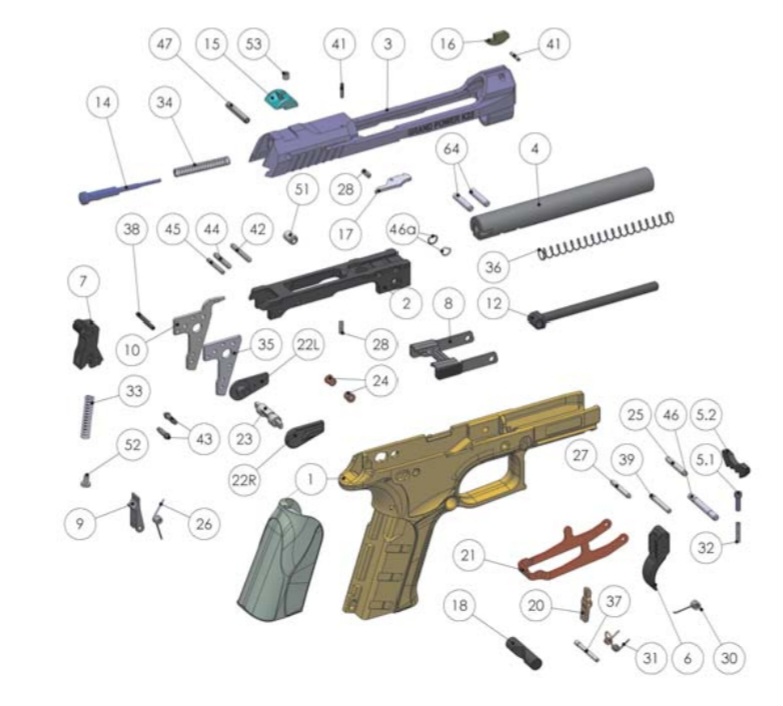 Grand Power K22 Mk12 išskaidytų detalių brėžinys
